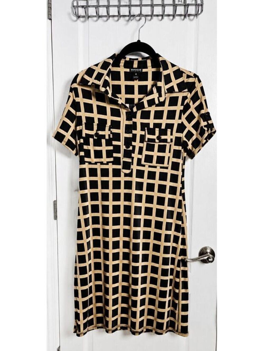 En Focus Studio Dress Size 6 Black Tan Geometric Shirt Dress Stretch Career